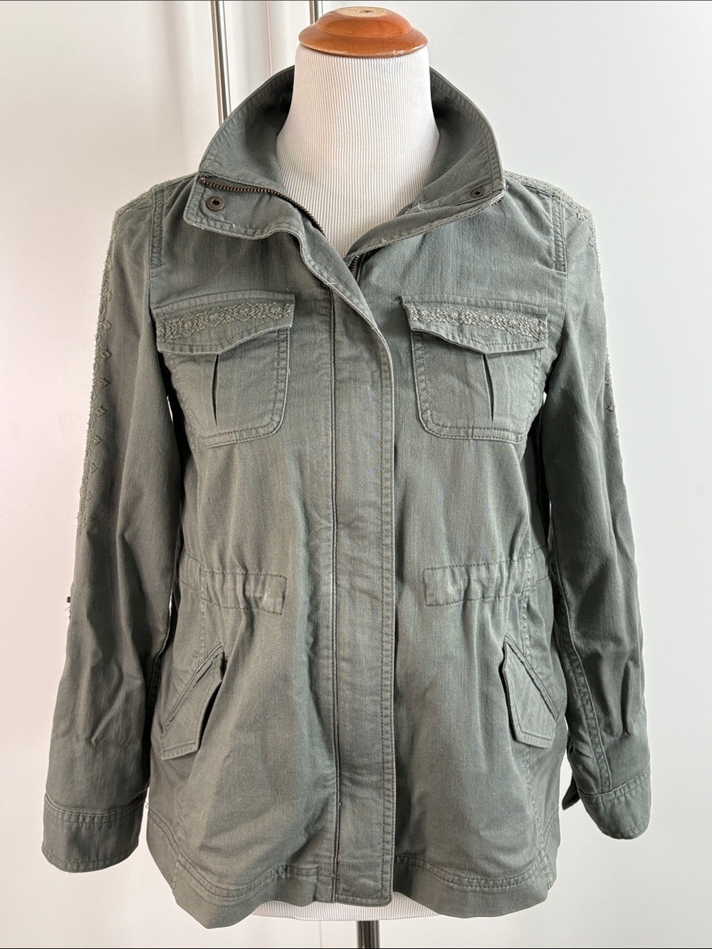 Talbots Olive Utility Field Jacket Embroidered pockets and sleeves P